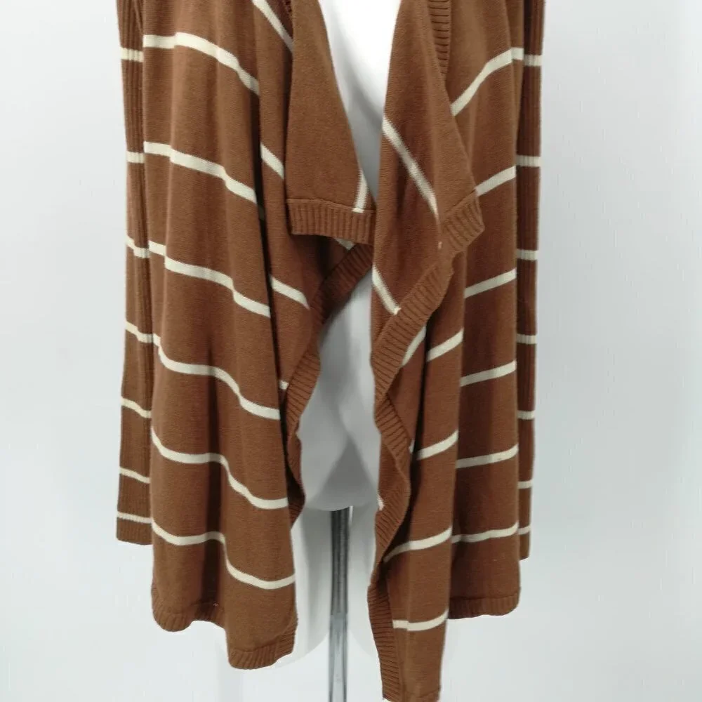 Mystree Brown Striped Waterfall Cardigan Sweater Size S Knit Wrap Open Front